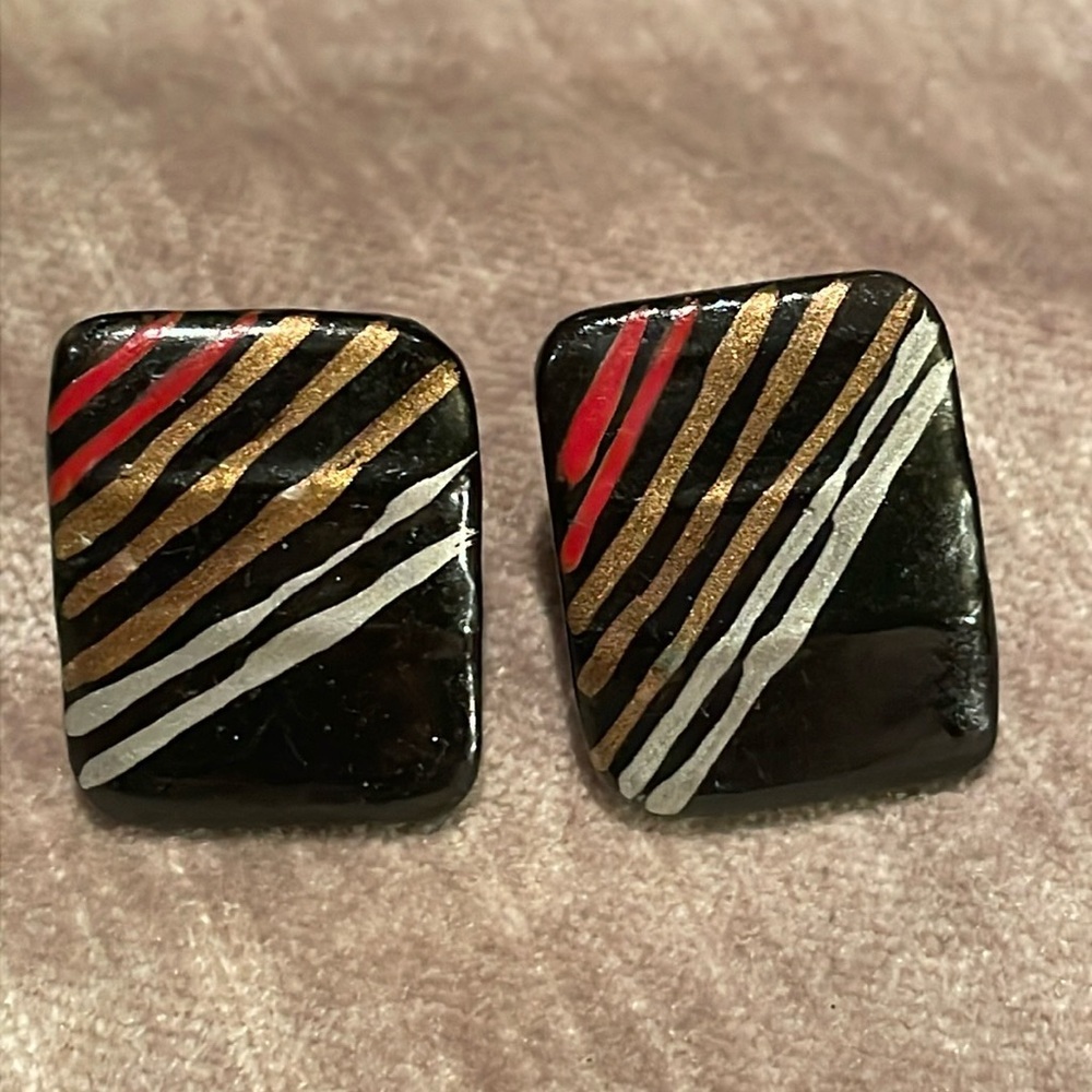 Vintage 80’s Stripe Lightweight Earrings Black Bronze Red & Silver - Picture 2 of 8